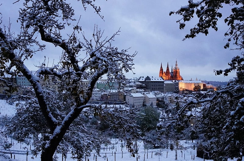 Winter View To Prague, czech republic, snow, church, trees, clouds, castle, hill, HD wallpaper