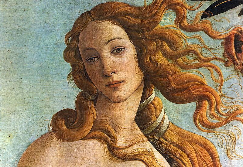 The Birth of Venus (detail) ~ Venus, art, the birth of venus, goddess, painting, face, sandro botticelli, portrait, pictura, detail, HD wallpaper