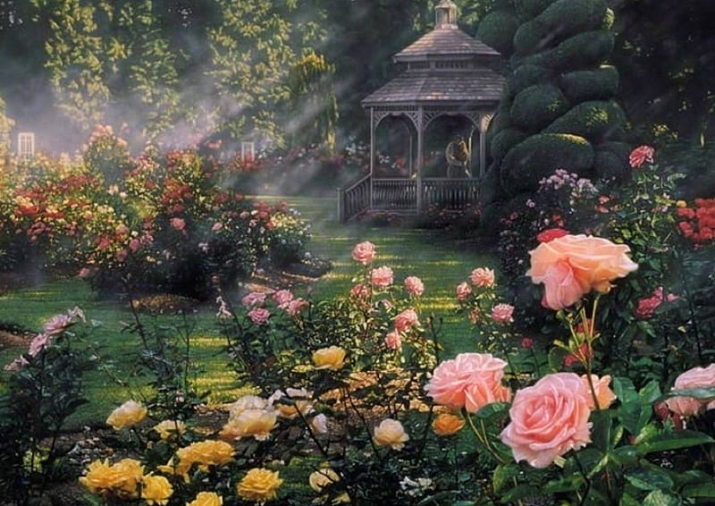 ✿⊱•╮Paradise Found╭•⊰✿, all roses, flowers, love four seasons, garden, nature, roses, gazebo, couple, HD wallpaper