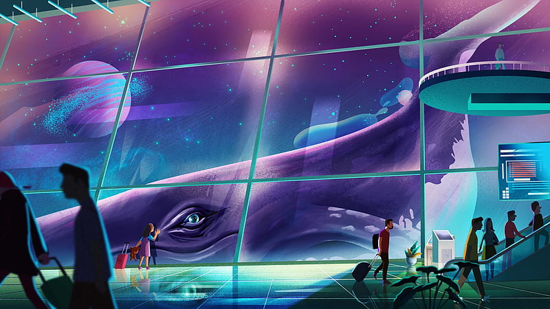 Curious, vara, fantasy, purple, whale, luminos, eye, summer, ahmet iltas, green, HD wallpaper