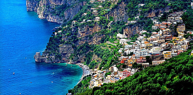Amalfi Coast homes_Italy, rocks, Italia, rock, Architecture, ruins, old, sea, nice, monument, green, village, river, italy, hills, ancient, view, houses, town, colors, sky, trees, panorama, building, antique, medieval, castle, coast, HD wallpaper
