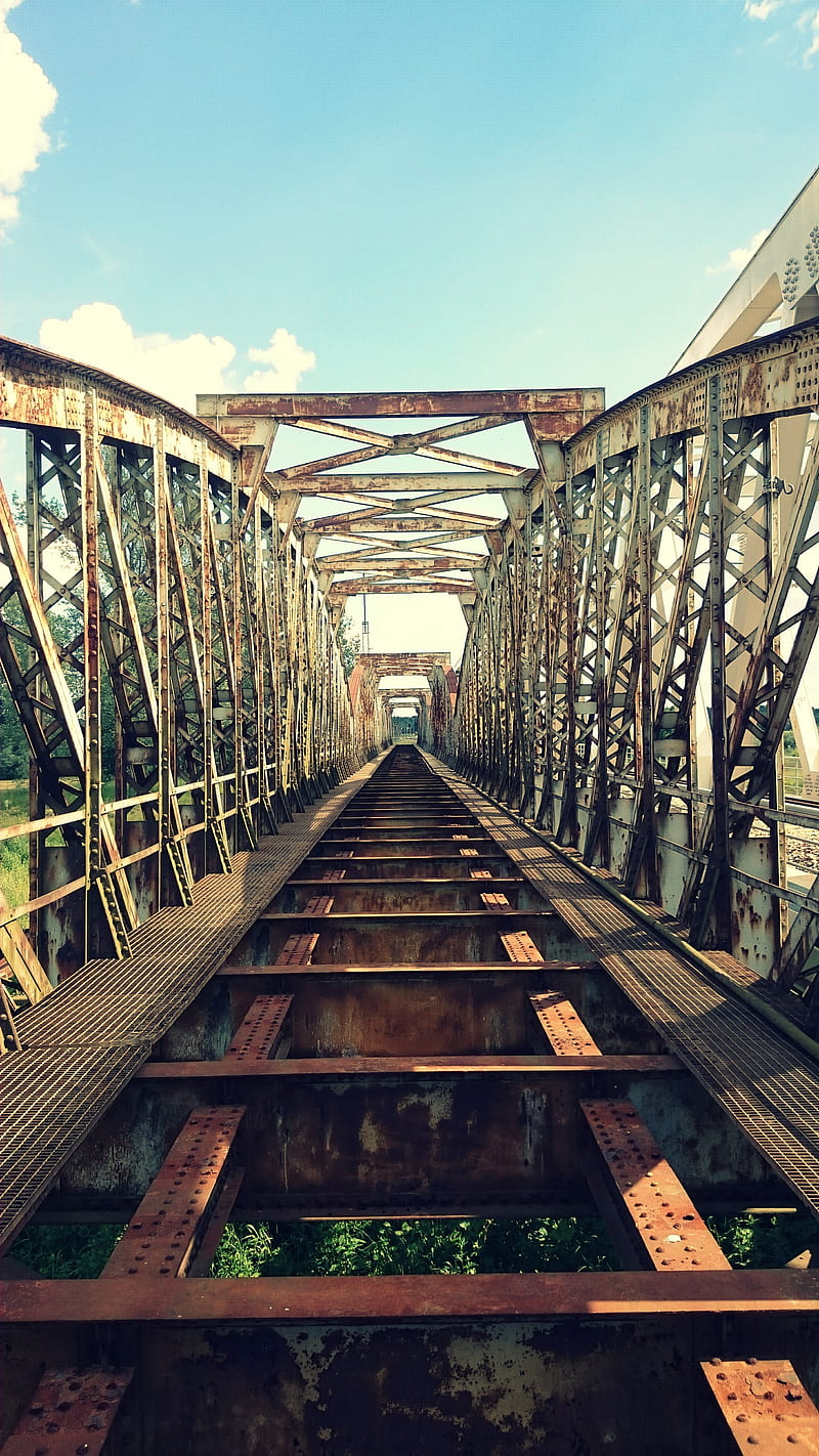 Lost railway bridge, bridge, lost, old, poland, railway, river, rusty, sun, trip, HD phone wallpaper