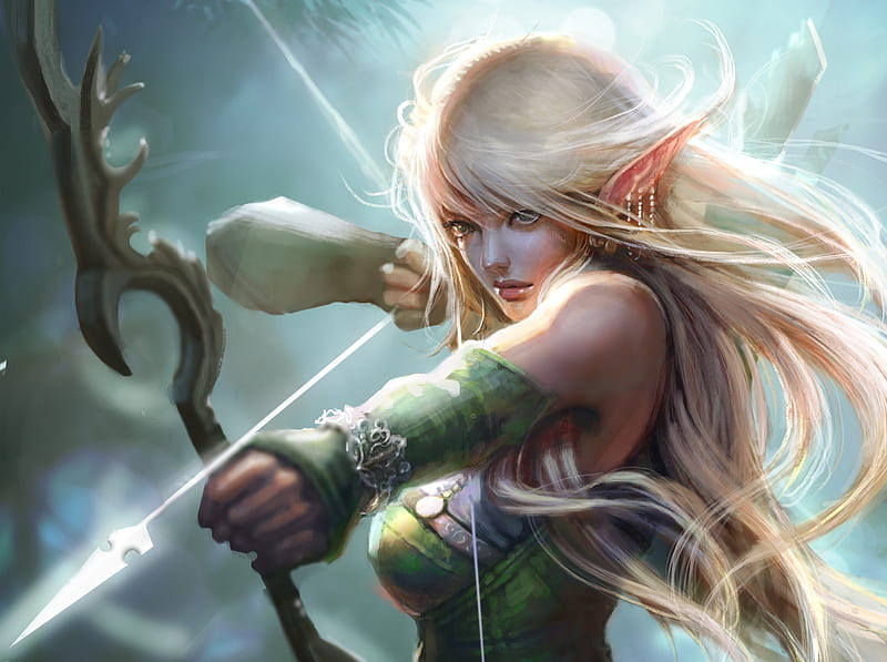 Elf archer, luminos, lana g, elf, blonde, arrow, fantasy, green, girl, hand, HD wallpaper