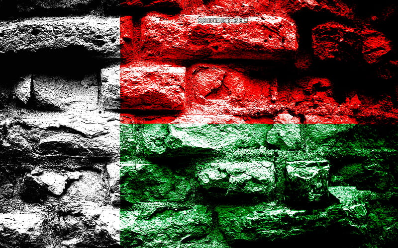 Madagascar flag, grunge brick texture, Flag of Madagascar, flag on brick wall, Madagascar, flags of Africa countries, HD wallpaper