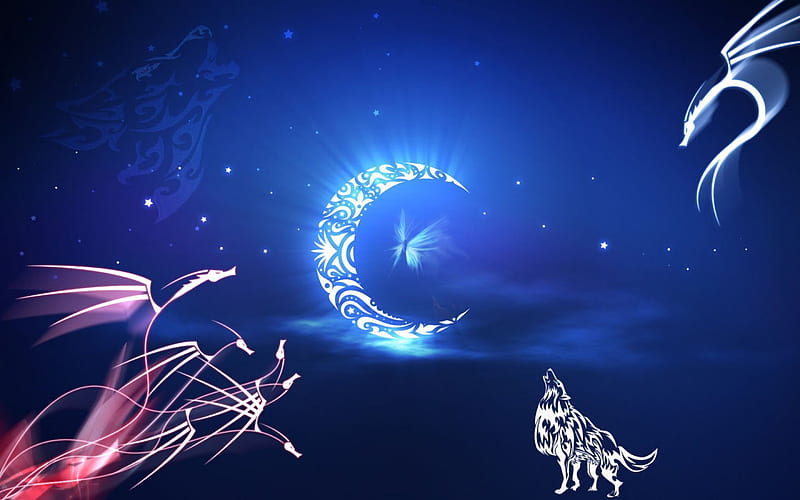 Moon, dragon, wolves, blue, HD wallpaper