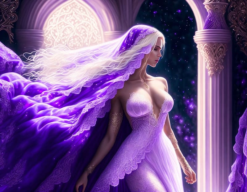 Purple Veils, art, fantasy, blonde, girl, woman, veils, , beautiful, lamamake art, purple, digital, HD wallpaper