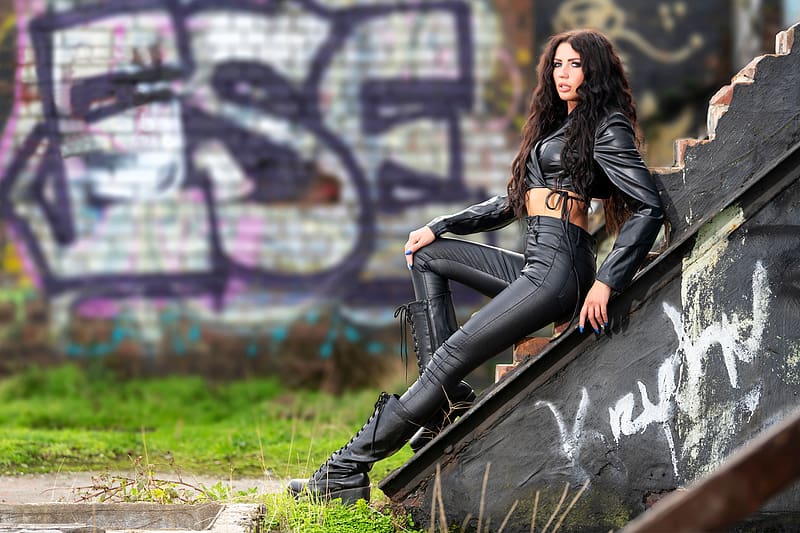 Karina in Black Leather, cuero, negro, modelo, morena, Fondo de pantalla HD  | Peakpx