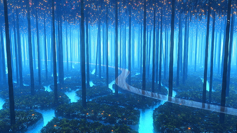The fractured forest, art, forest, frumusete, fantasy, tree, luminos, artur rosa, blue, HD wallpaper