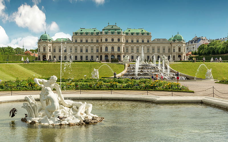 Belvedere Palace, fountain, beautiful palace, landmark, summer, Vienna, Austria, HD wallpaper