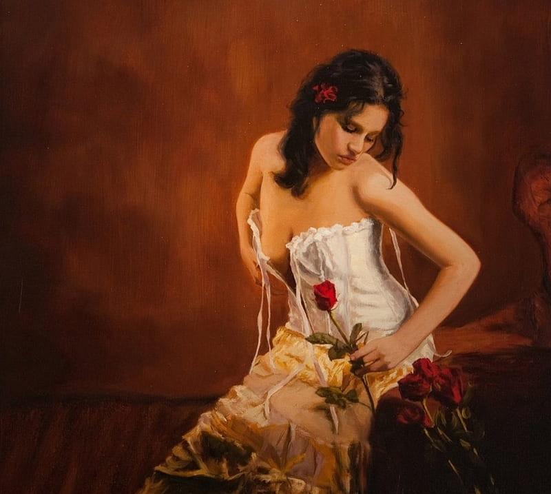 Carmen, girl, rose, art, painting, flower, ricardo fernandez ortega, pictura, HD wallpaper