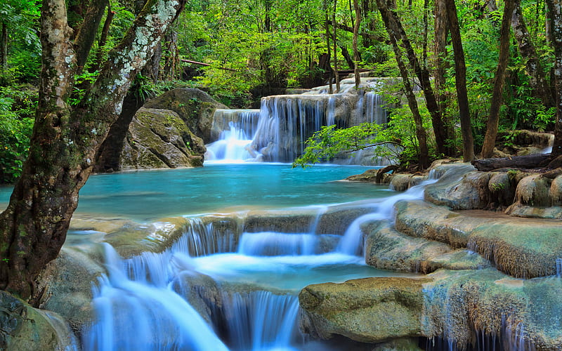 Thailand jungle, stream, waterfalls, blue river, Asia, beautiful nature, HD wallpaper