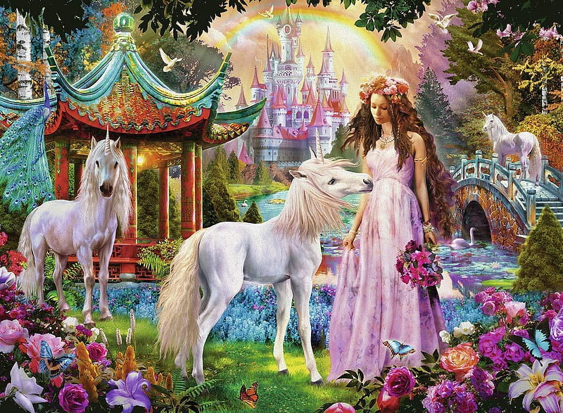 Girl and unicorns, pavilion, fantasy, gazebo, unicorn, girl, HD wallpaper