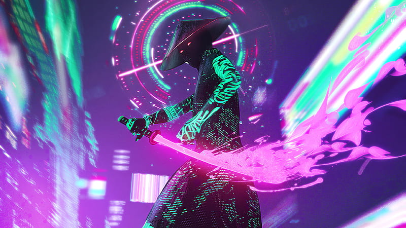 Anime cyberpunk yellow purple neon male with flaming sword