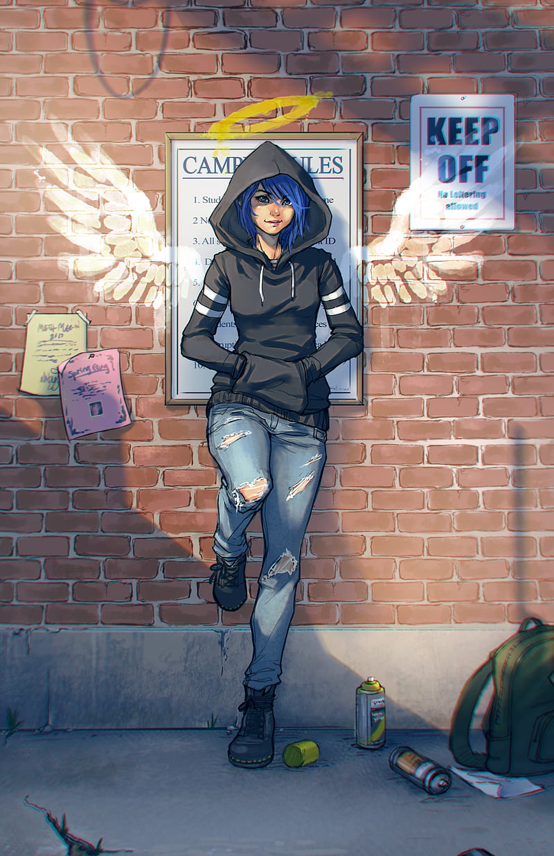 women, drawing, hoods, angel, torn jeans, graffiti, HD phone wallpaper