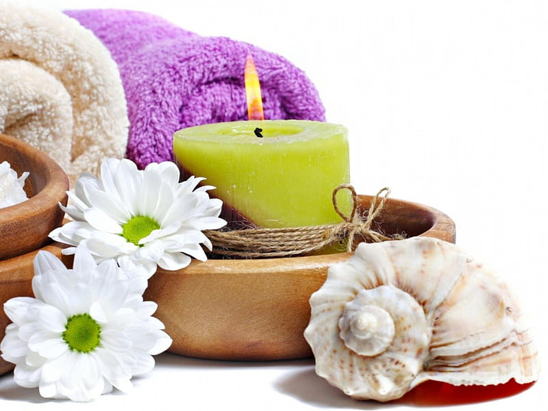 Bath decorations, candle, flowers, shell, towel, HD wallpaper