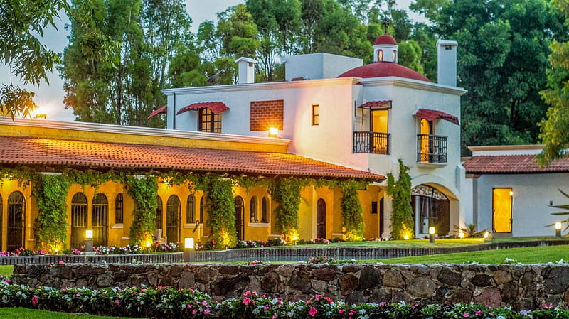 Mediterranean Villa, lights, house, flowers, evening, sunset, trees, HD wallpaper