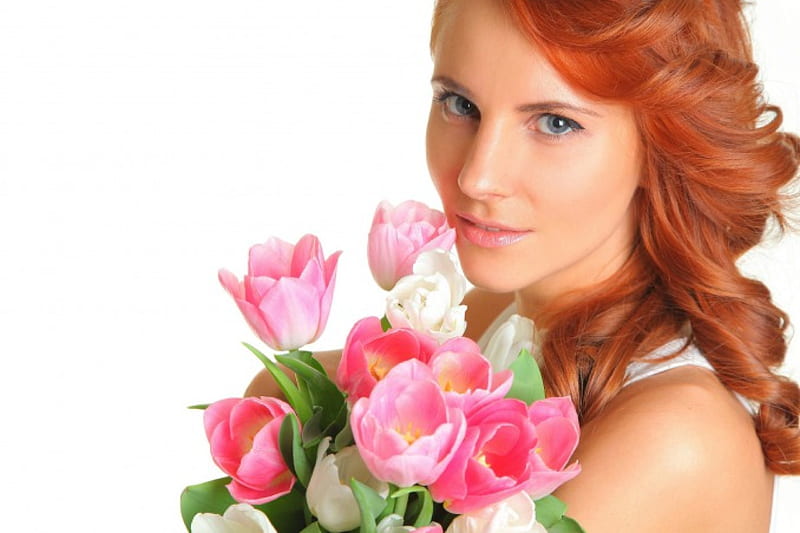 :), redheads hair, lovely, bouquet, flowers, tulips, woman, pink, HD wallpaper