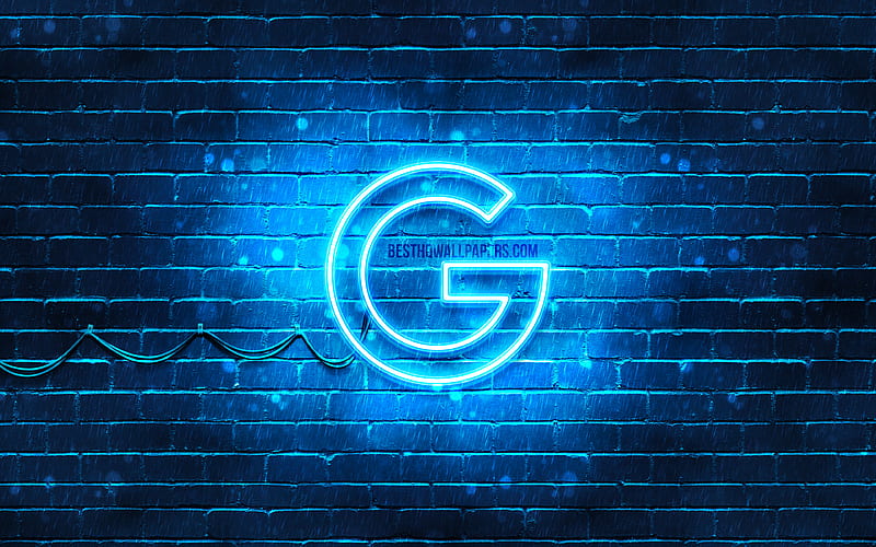 Google blue logo blue brickwall, Google logo, brands, Google neon logo, Google, HD wallpaper