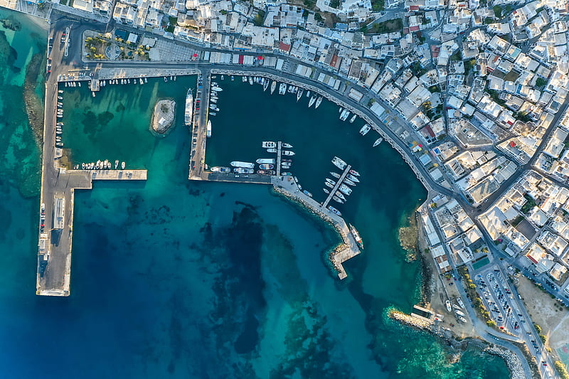 boats, port, pier, aerial view, city, sea, HD wallpaper