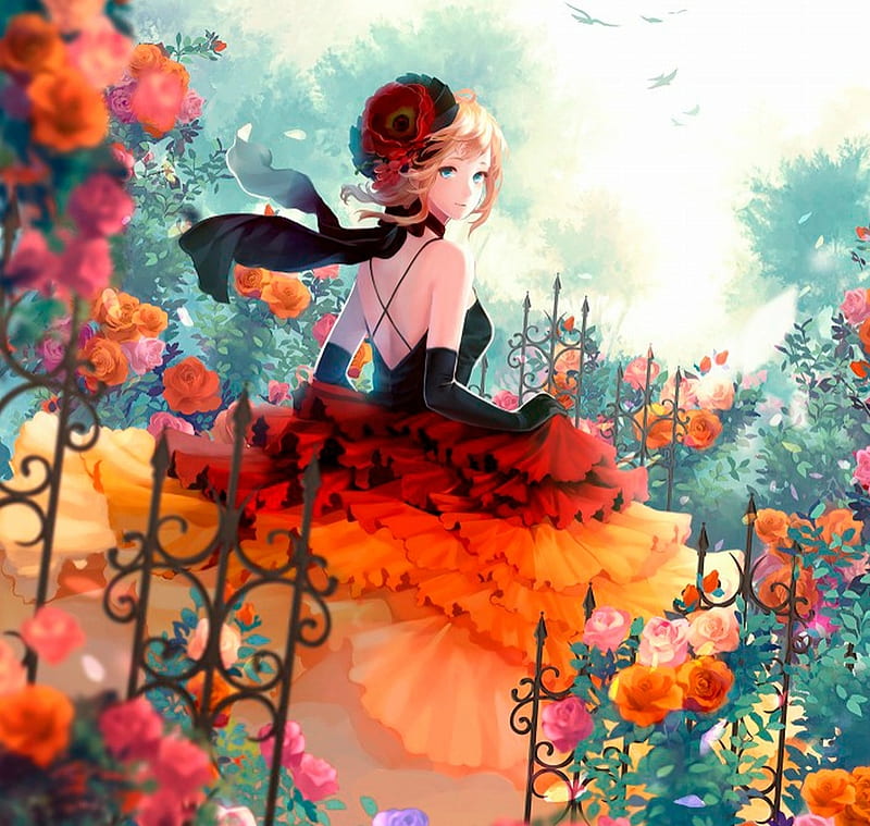 Rose garden, dress, orange, rose, manga, black, fantasy, anime, summer,  flower, HD wallpaper | Peakpx