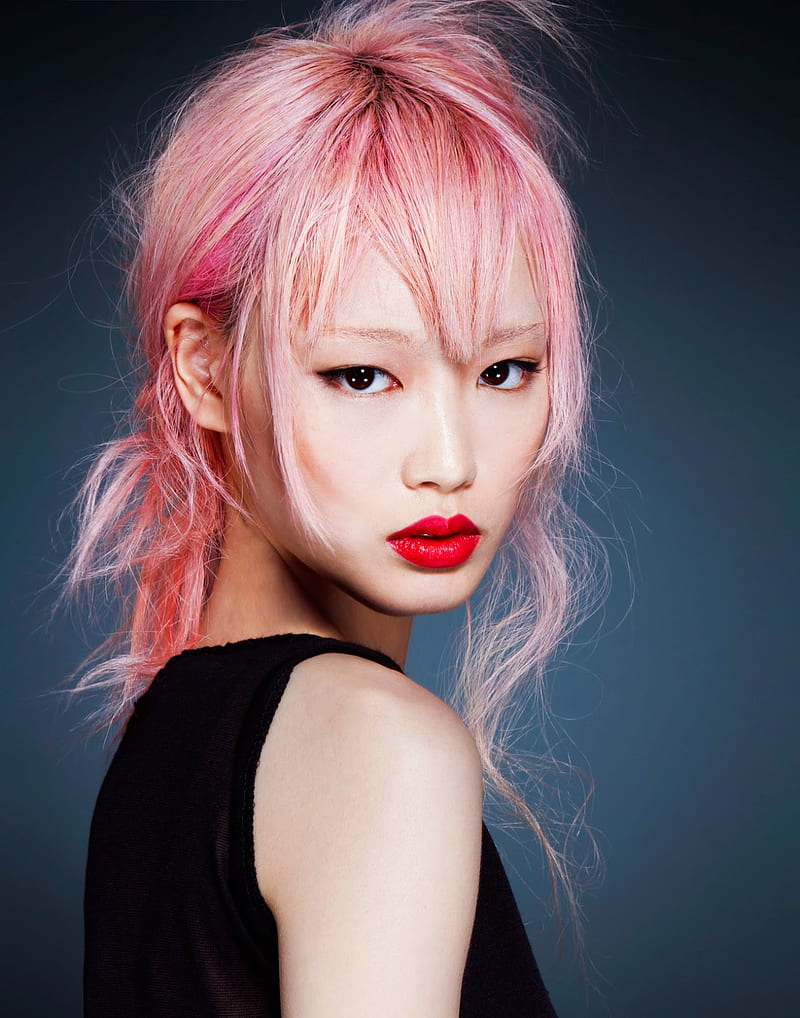 Fernanda Ly, women, model, Asian, pink hair, simple background, gradient, red lipstick, Chinese, Chinese model, looking at viewer, pale, HD phone wallpaper