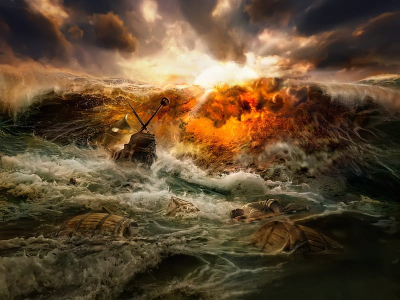 Shipwreck, rocks, stormy sky, sun, ocean, wreckage, barrel, waves, storm, boats, man on raft, ship, person, dark, HD wallpaper