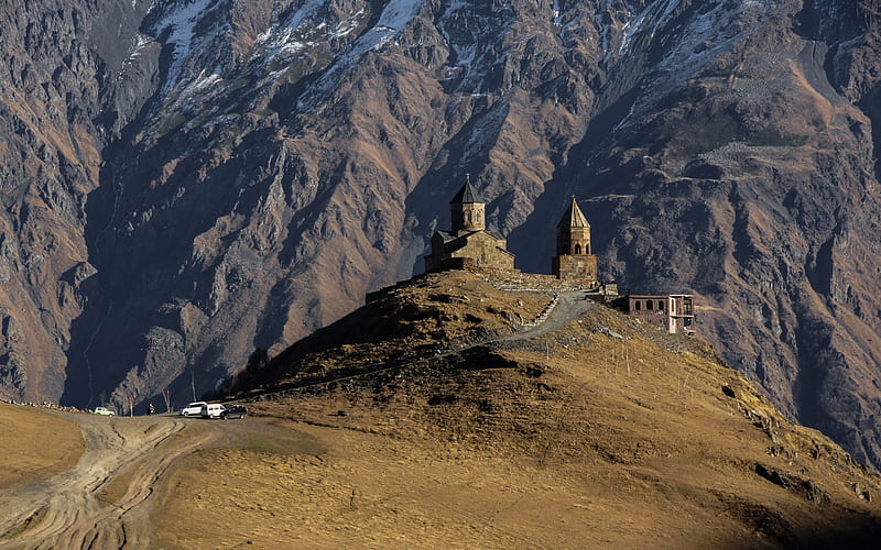 Gergeti Trinity Church, Gergeti, Mount Kazbek, church in the mountains, mountain landscape, Caucasus, Georgia, HD wallpaper