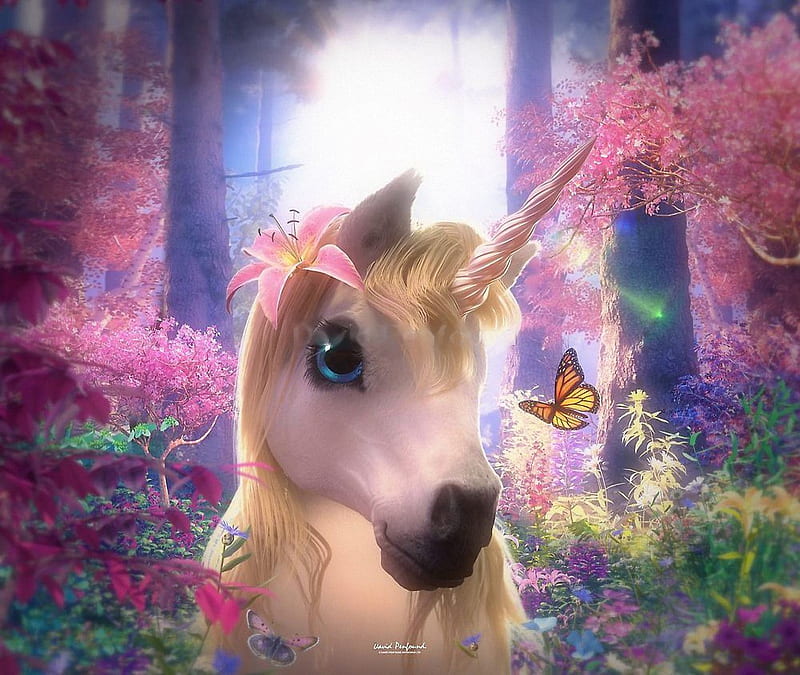 Sparkle the Unicorn, foal, trees, forest, art, digital, colors, HD wallpaper