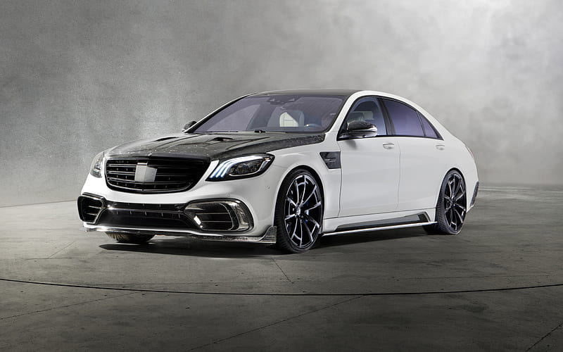 Mercedes-Benz S63 AMG, 2018, Mansory, Signature Edition, exterior, front view, white luxury sedan, tuning S63, W222, black wheels, German cars, Mercedes, HD wallpaper