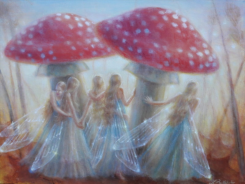 Footsteps, girl, lynne bellchamber, painting, mushroom, pink, fairy, art, dress, luminos, fantasy, white, HD wallpaper