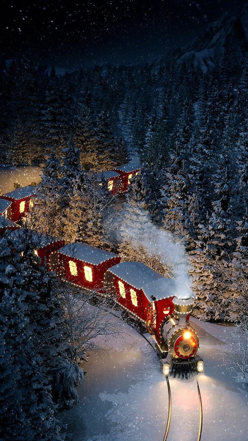 Winter Express , christmas, green, nature, red, snow, train, trees, woods, HD phone wallpaper