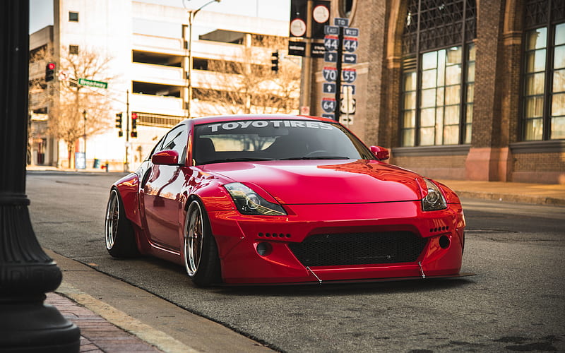 Nissan 350Z, tuning, lowrider, red 350Z, Japanese sports cars, Nissan, HD wallpaper