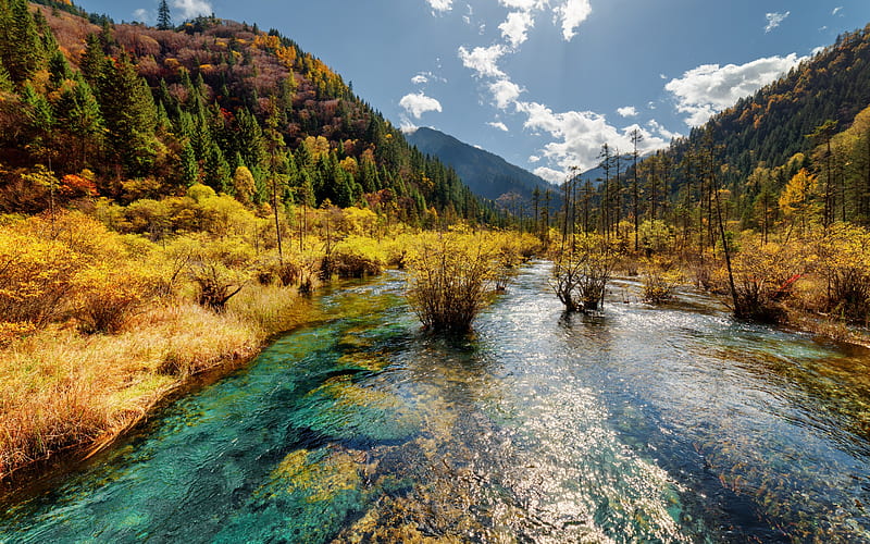 Jiuzhaigou, mountain river, autumn landscape, nature reserve, mountain landscape, China, HD wallpaper