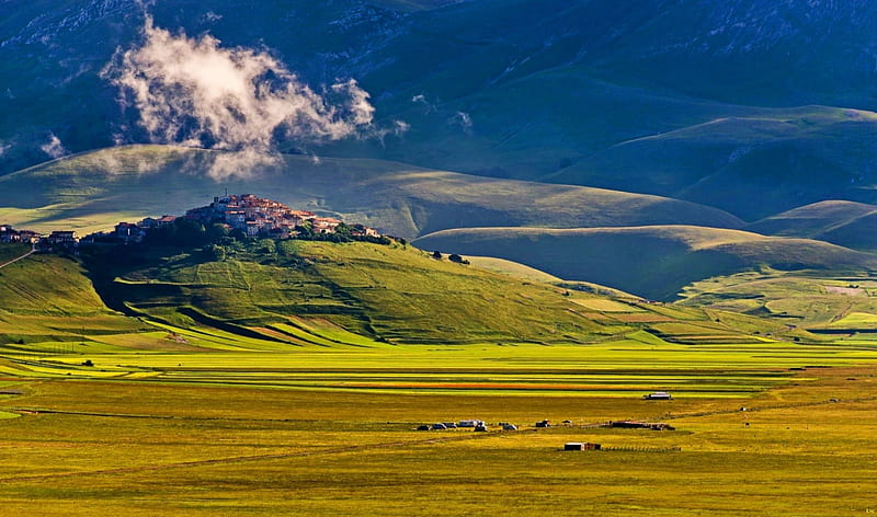 Castelluccio di Norcia_Italy, Italia, Italy, Architecture, ruins, old, clouds, meadows, monument, city, Castelluccio di Norcia, shadows, village, river, hills, ancient, view, houses, town, sky, trees, panorama, building, antique, medieval, mountains, castle, HD wallpaper
