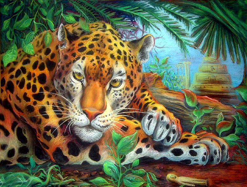 'Jaguar Crouched Silently', silent, draw and paint, lovely, love four seasons, bonito, crouch, creative pre-made, paintings, jaguar, traditional art, animals, HD wallpaper