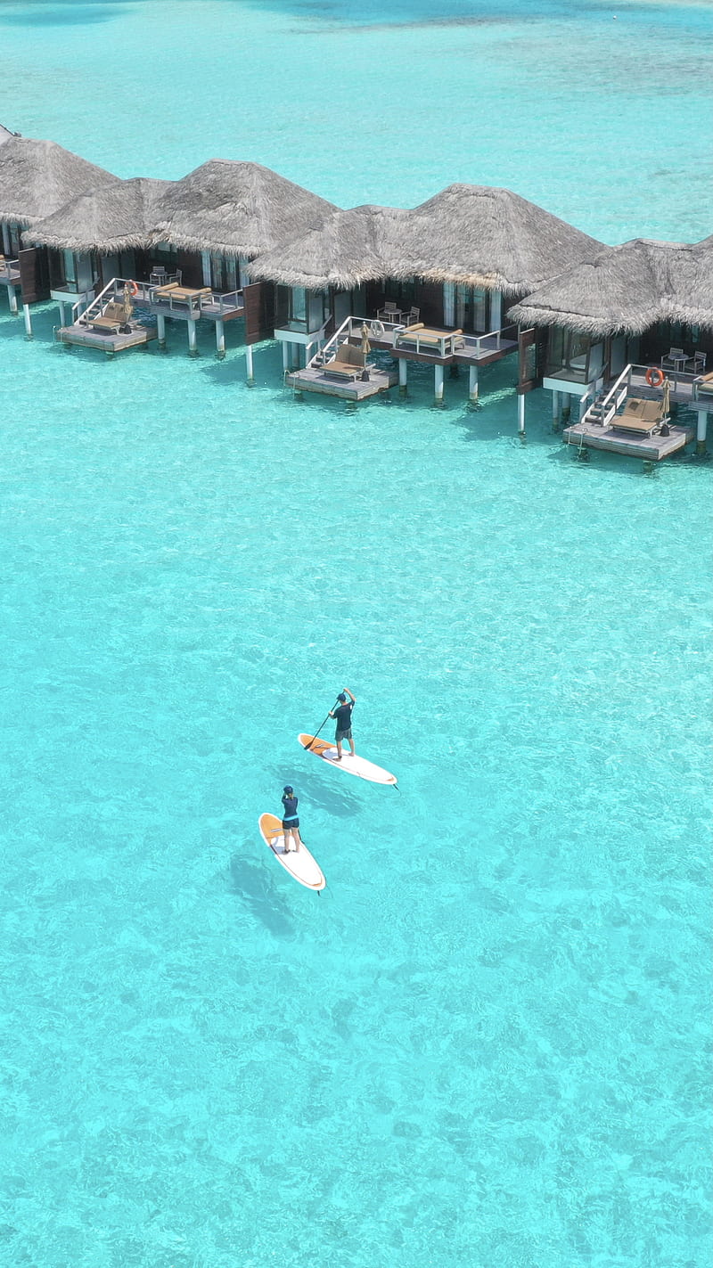 Standup PaddleBoard, beach, blue, board, bungalow, lagoon, nature, over water, paddle, seefromthesky, HD phone wallpaper