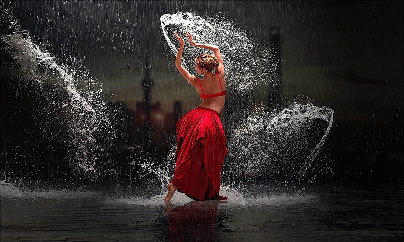 Dancing in The Rain, red, Dancer, raon, feminine, enchantimg, lady, women, Night, lovely, HD wallpaper