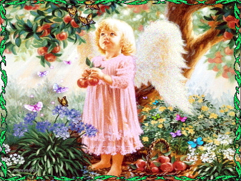 little angel, apple, cute, apple tree, angel, garden, child, HD wallpaper