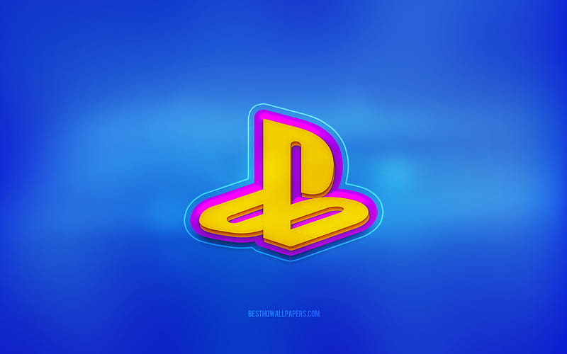 PlayStation 3d logo, blue background, PlayStation, multicolored logo, PlayStation logo, 3d emblem, HD wallpaper