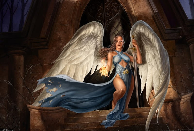 Angel, art, wings, luminos, fantasy, girl, feather, dallas-williams, white, blue, HD wallpaper