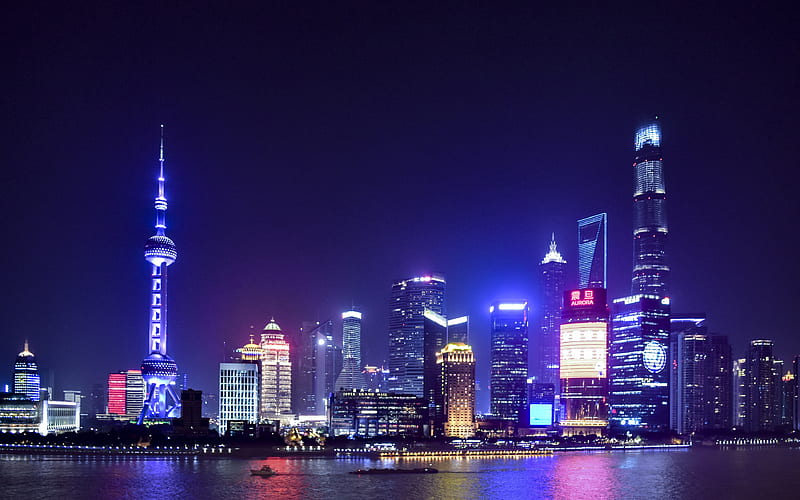 Shanghai, skyscrapers, illuminations, modern buildings, China, Asia, HD wallpaper