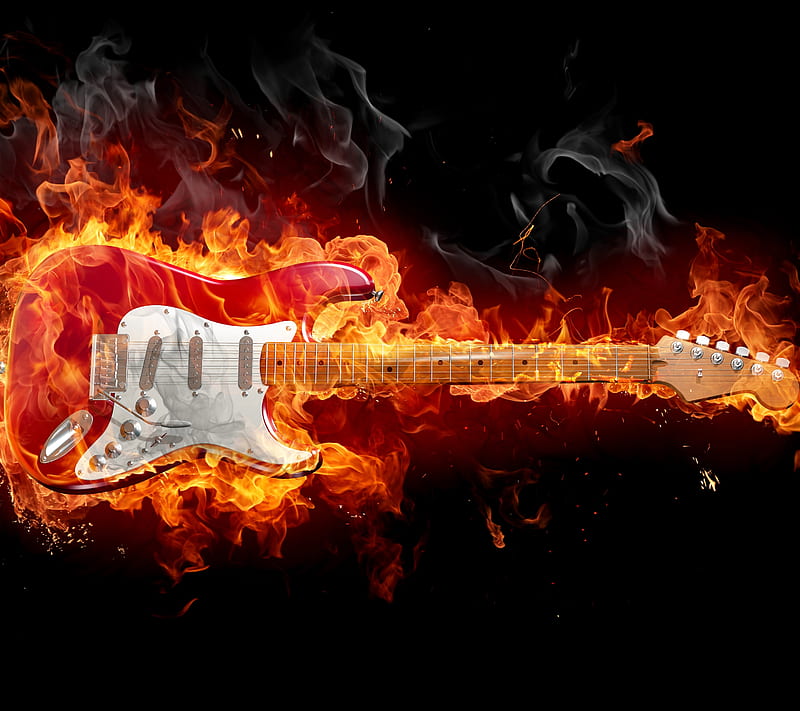 Fire Axe, burn, guitar, instrument, music, HD wallpaper
