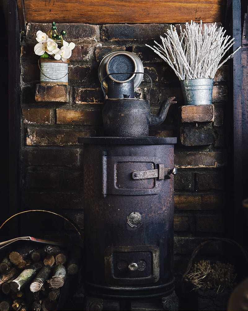 cast-iron teapot on wood burner, HD phone wallpaper