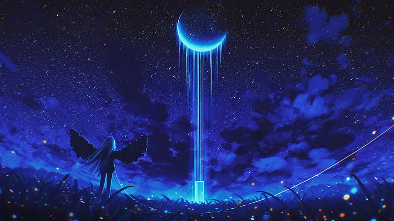 Anime, Original, Angel, Moon, Night, HD wallpaper