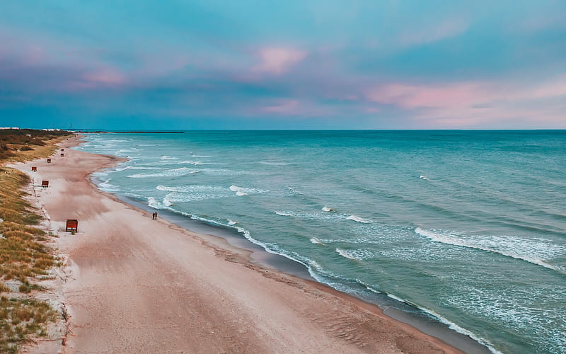 Baltic Sea, coast, beach, evening, sunset, seascape, waves, beautiful coast, Klaipeda County, Giruliai, Lithuania, HD wallpaper