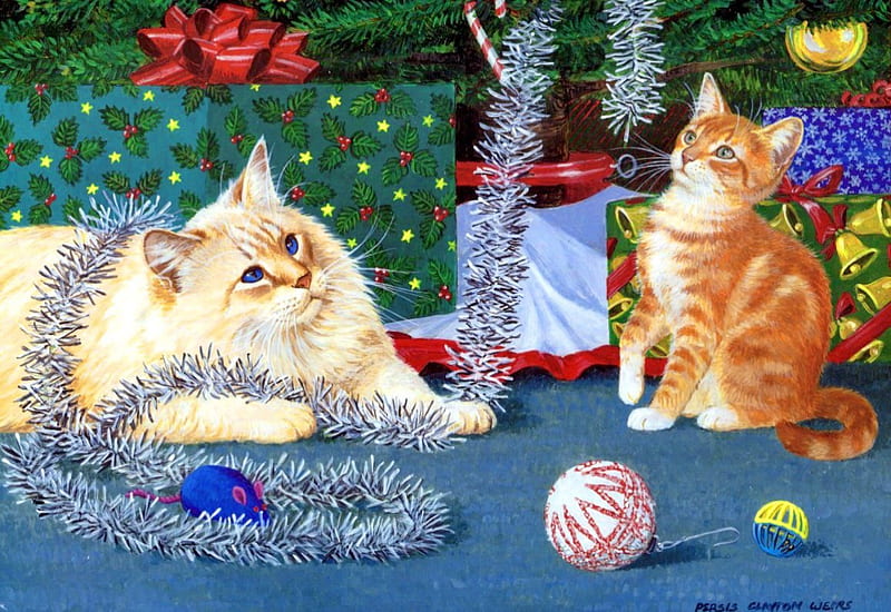 Kitten christmas, colorful, home, adorable, play, sweet, painting, mess, kitties, art, holiday, christmas, decoration, kittens, fun, new year, joy, winter, cute, tree, balls, cats, gifts, HD wallpaper