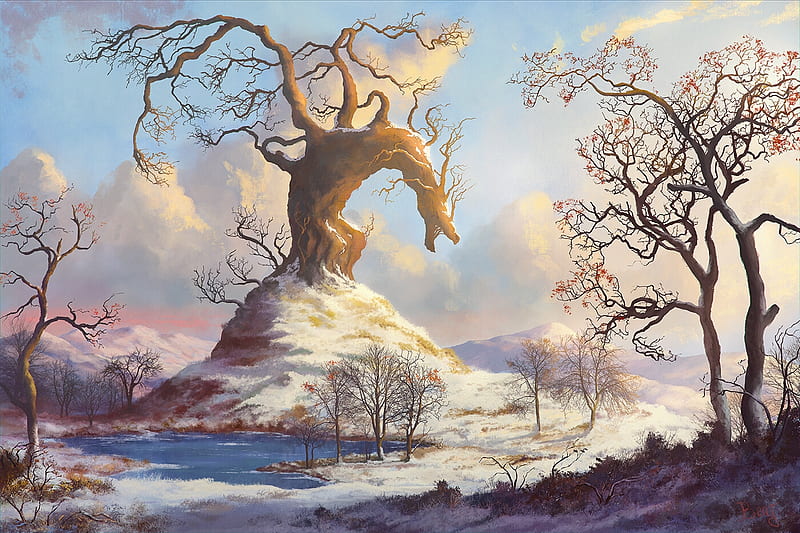Dragon tree, fantasy, dragon, ben j, tree, luminos, benj, HD wallpaper