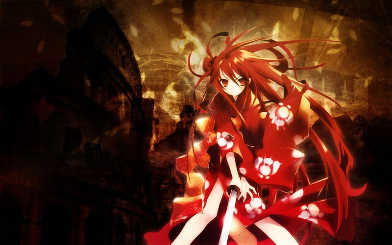 Shana, background anime, cape, anime girl, long hair, sword, squat, looking  at viewer, HD wallpaper | Peakpx