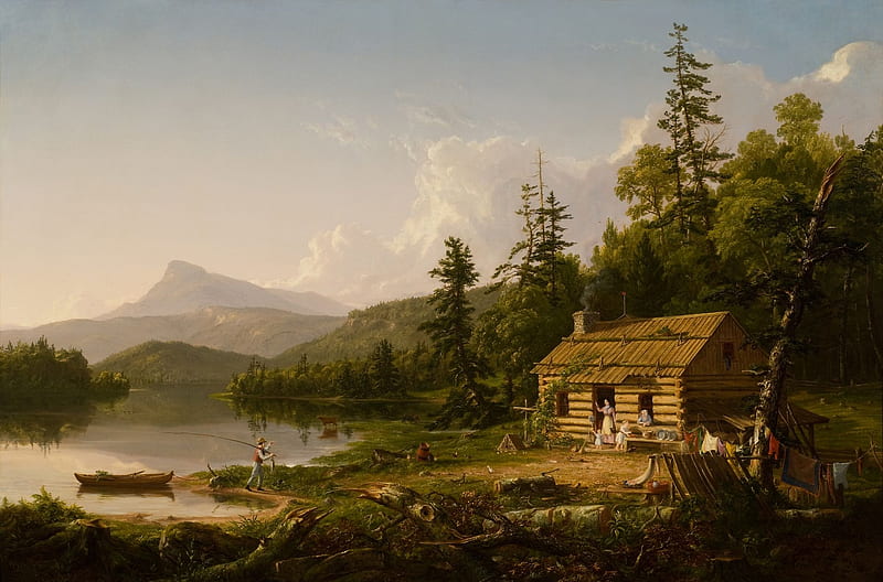 House in the woods, art, house, luminos, 1847, woods, painting, thomas cole, pictura, HD wallpaper