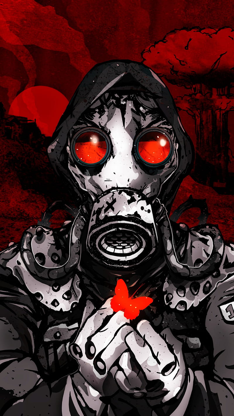 Gasmask, apocalypse, bomb, butterfly, gas, gas mask, mask, murdered love, pod, radiation, red, HD phone wallpaper